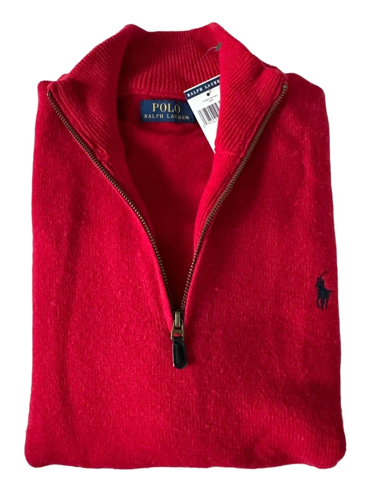 NEW POLO RALPH LAUREN RED WOOL ALPACA PONY MOCKNECK HALF ZIP SWEATER PULLOVER L - Image 1 of 4