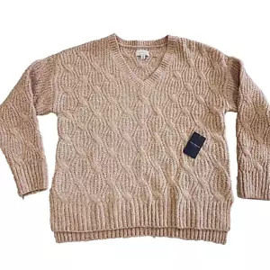 NEW Lucky Brand Sweater Tan Boho Women's Size Medium M Crop Chunky Knit V-neck - Picture 1 of 6