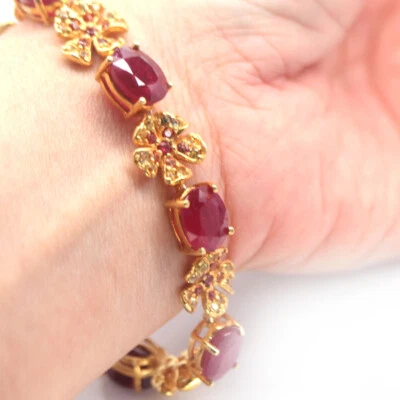 Heated Gemstone Red Ruby, Sapphire & Peridot 925 Sterling Silver Bracelet 8.0" - Image 1 of 4