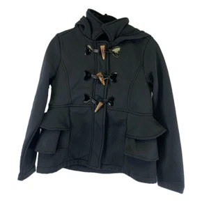 Pink Platinum Black Hooded Pea Coat Toggle Buttons Ruffle Sides Girls Size 10/12 - Picture 1 of 13