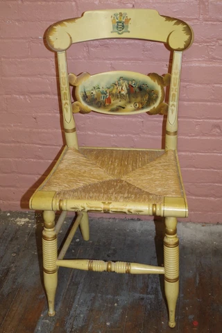 Rare Hitchcock Molly Pitcher Chair Rush Seat Yellow Wood Stencil Scene Cover