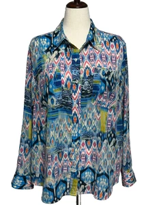 Jones New York Top Mujer 2X Azul Rosa Colorido Azteca Tribal Abotonada Carrera - Imagen 1 de 11
