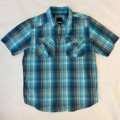 PrAna Snap Western Shirt Mens Sz M Blue Plaid Organic Cotton Casual - Image 1 of 4
