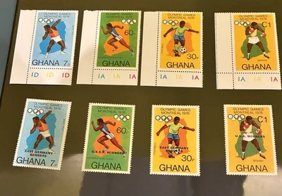 Estampillas de Ghana 1976 y 1977 - Juegos Olímpicos - 583-586 y 606-609 MNH Foto 1 de 2