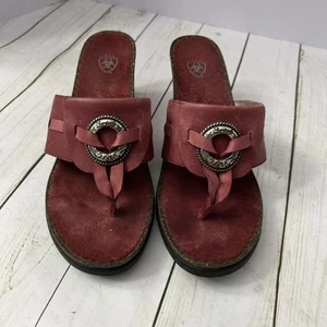 Ariat Red Leather Wedge Sandal Shoes Size 8b Silver Medallion - Picture 1 of 4
