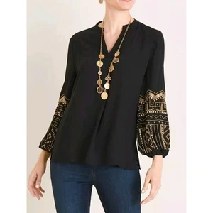 Chico's V-Neck Black Blouse Top Gold Beaded Embroidered Long Sleeves Size L - Picture 1 of 8