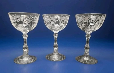 Set Of 3 Fostoria Meadow Rose Vintage Champagne/Sherbet Stems Etched Appx 5 5/8" - Image 1 of 4
