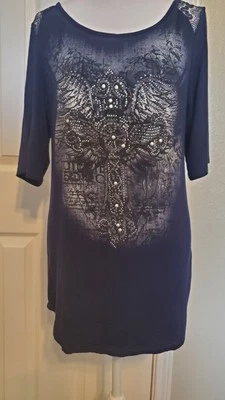 Camiseta Angels&Diamonds Alas Cruzadas Azul Marino Encaje/Estrás en la Espalda Talla XL ¡GUAU!! Foto 1 de 4