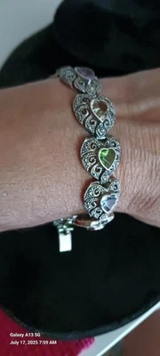VTG Sterling Silver  Multi Gemstones Heart Bracelet 8 Inches With Security Chain - Image 1 of 4