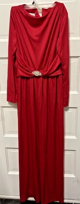 Vintage 1970s Red Maxi Dress Stretch Poly Knit Jersey Rhinestone Accent Size 8 - Image 1 of 4