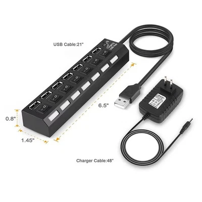USB 2.0 Hub 7 Anschlüsse Adapter Splitter mit Netzteil - Bild 1 von 3
