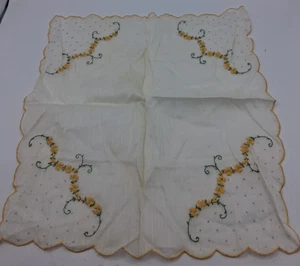 Pañuelo bordado vintage blanco con flores amarillas 10x10" hecho a mano - Imagen 1 de 3