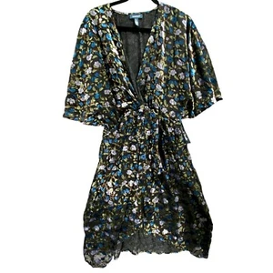 ModCloth Copricostume Floreale Topper Scollo a V Cravatta Vita Burnout Velluto Nero Blu L - Foto 1 di 4