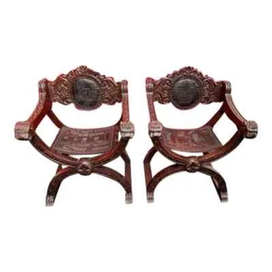Pair of Carved Mahogany & Leather X Frame Arm Chairs - Picture 1 of 9