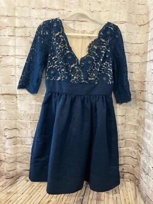 Eliza J Dress Womens 10 Navy Blue Lace Trimmed Evening Cocktail Long Sleeve - Image 1 of 4