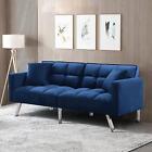 Modern Blue Velvet Convertible Sofa Bed Futon Sofa Sleeper Couch 2 Pillows New