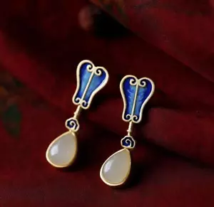 Enamel Colored Banana Leaf Earrings 18K Gold Plated Inlaid White Jade Earrings - Picture 1 of 4