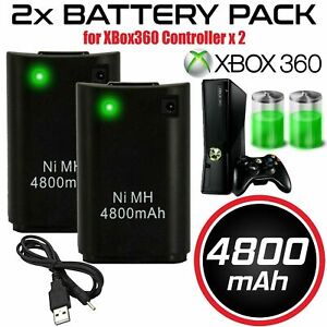 4800mAh Rechargeable 2 Battery Pack USB Charger Cable For XBox 360 Controller