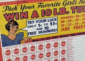 C.1930 Game-of-Chance Karte "Gewinne eine 10 Pfund Türkei" Wählen Sie einen Mädchennamen, Thanksgiving! - Bild 1 von 11