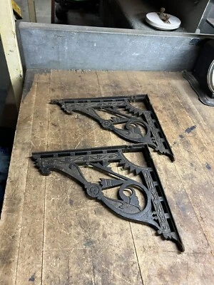 Antique Gothic Church Cast Iron Wall Shelf Brackets Ornate Hardware Set Pair USA - Image 1 of 4
