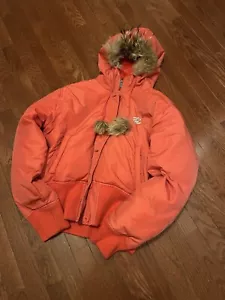 Womens Y2K ROCAWEAR Pink Vintage Feather Down Hooded Puffer Jacket Sz XL - Picture 1 of 6