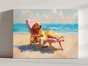 Golden Retriever Dog On Beach Chair Canvas Print, Quirky Whimsical Fine Art - Picture 1 of 7