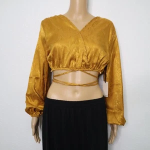 No Frills LA women's crop top sz Medium gold lantern sleeve tie nwt - Picture 1 of 9