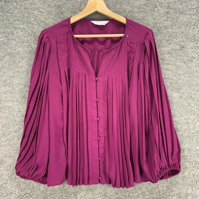 Nine West Shirt Women L Large Purple Button Up Pleated V-Neck Long Sleeve Casual - Image 1 of 4
