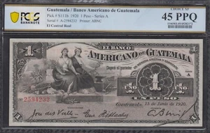 GUATEMALA Banco Americano 1 PESO S111b 1920 PCGS 45 PPQ . RARE - Picture 1 of 2