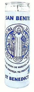 CANDLE ST. BENEDICT- WHITE -SAN BENITO BLANCO GLASS CANDLE BURNS 120 HOURS - Picture 1 of 1