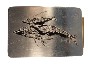 Vintage A D Johnson Engraved "Humpback Whale & Calf" Stainless Dress Belt Buckle - Picture 1 of 7