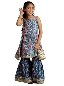 Girls Kurti and Sharara Set with Gotta Work Bollywood Cotton Floral Kurta Set - Picture 1 of 29