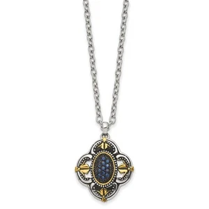 Stainless Steel Antiqued & Polished Yellow IP w/Blue Glass 18in Necklace - Picture 1 of 4