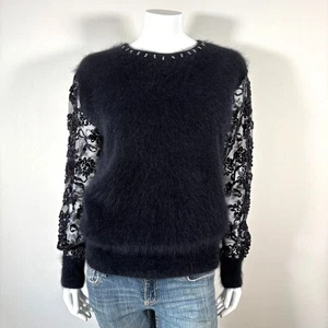 80% Angora Fuzzy Vintage PARISLINE Black Ribbon Lace Pullover Sweater 42 in bust - Picture 1 of 10