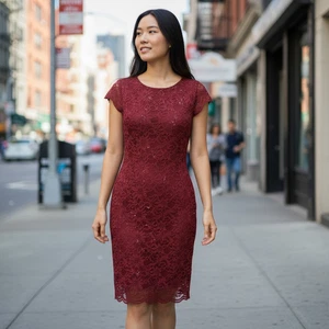 Onyx Nite Womens size 12 Evening Lace Dress Garnet Red Cap Sleeve Sequin New - Picture 1 of 3