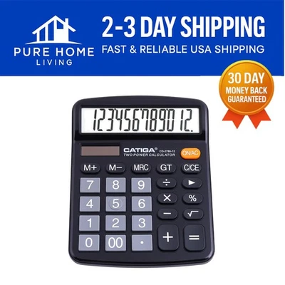Black 12-Digit Desktop Calculator, Large LCD Screen & Sensitive Buttons for Ease - Image 1 of 4
