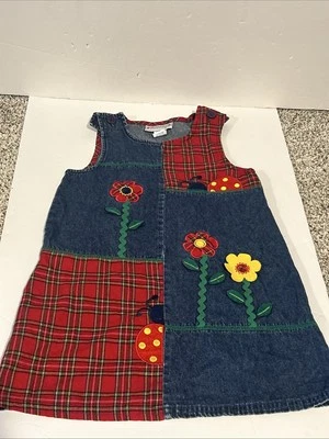 Samantha Says Jumper Dress Denim Flowers Patchwork Red Button Straps Vntg Sz 6  - Image 1 of 4