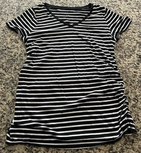 Liz Lange Maternity Top White Black Stripe V-Neck Short Sleeve Sz L - Picture 1 of 4
