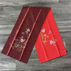 Hong Ngoc Silk Red Floral Butterfly Embroidered Scarf Wrap Chinese Asian Vintage - Picture 1 of 12