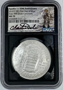 2019 P $1 Apollo 11 50th Anniversary Silver Dollar NGC MS 70 Charlie Duke Signed - Picture 1 of 2