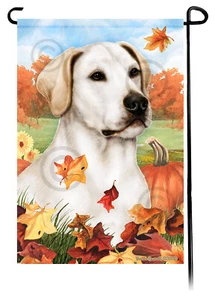 Falling Leaves Garden Flag - American White Labrador Retriever - Picture 1 of 1