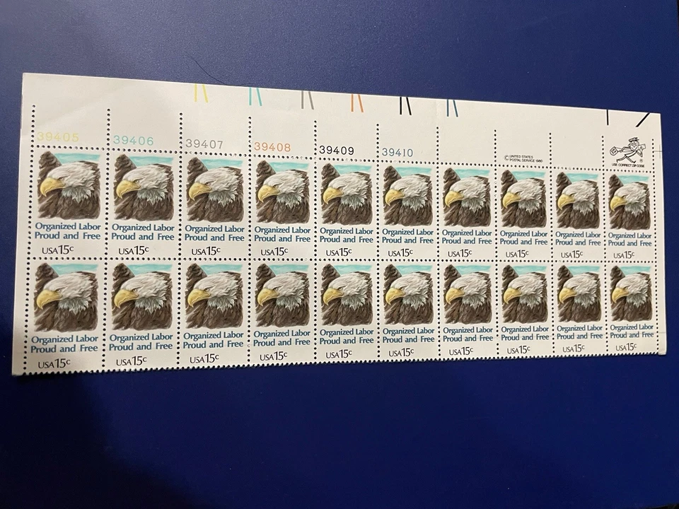 SFSTAMPS US Scott 1831 Organized Labor Proud and Free Plate Block of 20 MNH 1980 - Image 1 of 1