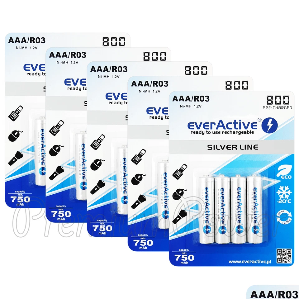 20 x everActive AAA Rechargeable batteries Silver Line min 750mAh 800mAh Ni-MH - Image 1 of 1
