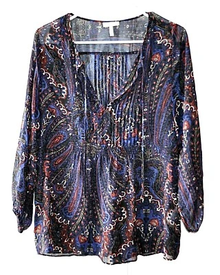 Joie Size S 100% Silk Blue Paisley Pleated Tie V Neck Peasant Blouse Boho - Изображение 1 из 4