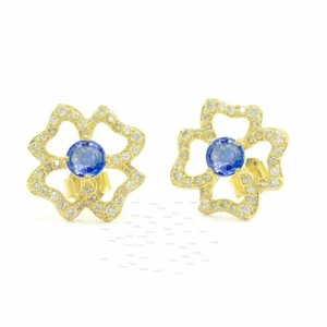 Pendientes florales de oro genuino de 14 K de diamantes preciosos y zafiro azul joyería fina - Imagen 1 de 4