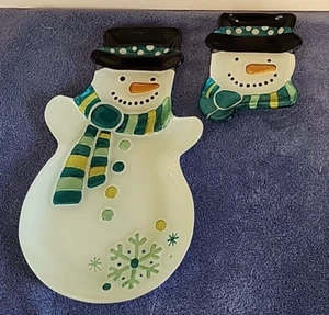 Lot of 2 Demdaco Glass Fusion Lori Siebert Snowman 6" plate 13" platter Silvestr - Picture 1 of 12