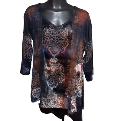 Top túnica de terciopelo One World para mujer PL azul multicolor floral alto-bajo cuello en V 3/4 Foto 1 de 4