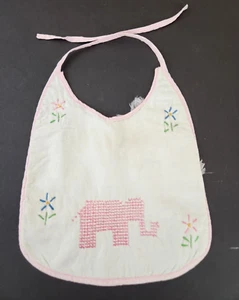 Vintage Baby Infant Bib Elephant Flowers White Cross Stitch Embroidery 1940’s - Picture 1 of 4
