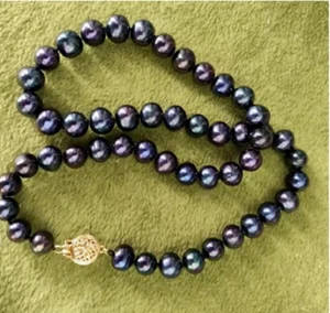 natural 8-9mm AAA+ Tahitian black blue round PEARL NECKLACE 14K GOLD 18" - Picture 1 of 3