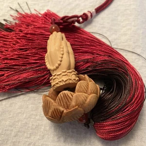 Hanging Buddist Ornament Carved Praying Hands In Lotus Flower, Car Pendant, 14"L - Picture 1 of 10